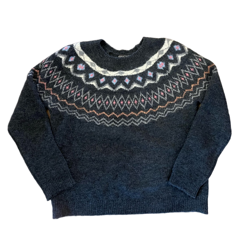 Immagini Italian Fair Isle Yoke Knit Sweater XL Wool Modal Blend Cozy